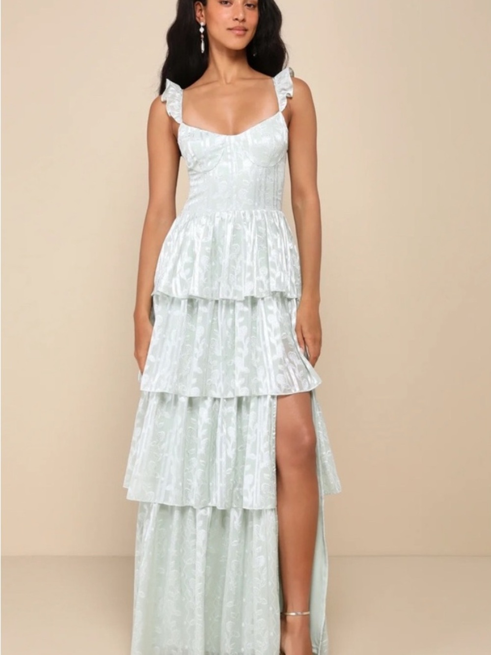 Lulu's Pale Mint Tiered Ruffle High-Slit Maxi Dress